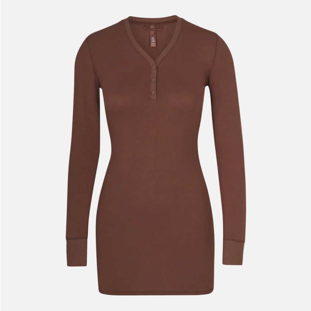 SKIMS Brown Long Sleeve Henley Dress